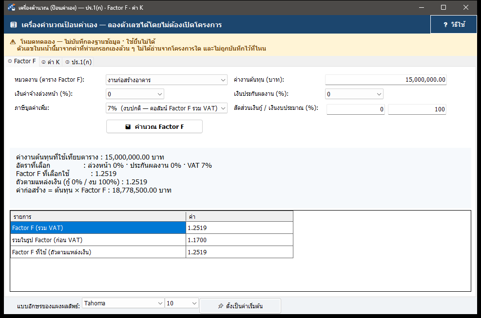 เครื่องคำนวณ Factor F ป้อนค่างานต้นทุน 15 ล้านบาท ได้ Factor F 1.2519