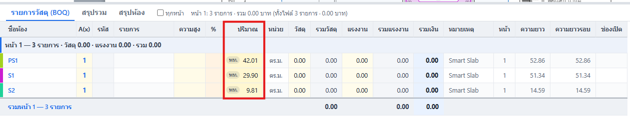 ตาราง BOQ หลังเพิ่มผล Smart Slab: PS1 42.01 S1 29.90 S2 9.81 ตร.ม.